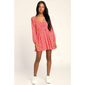 Lulus Truly Memorable Red Floral Print Balloon Sleeve Mini Dress - Size M